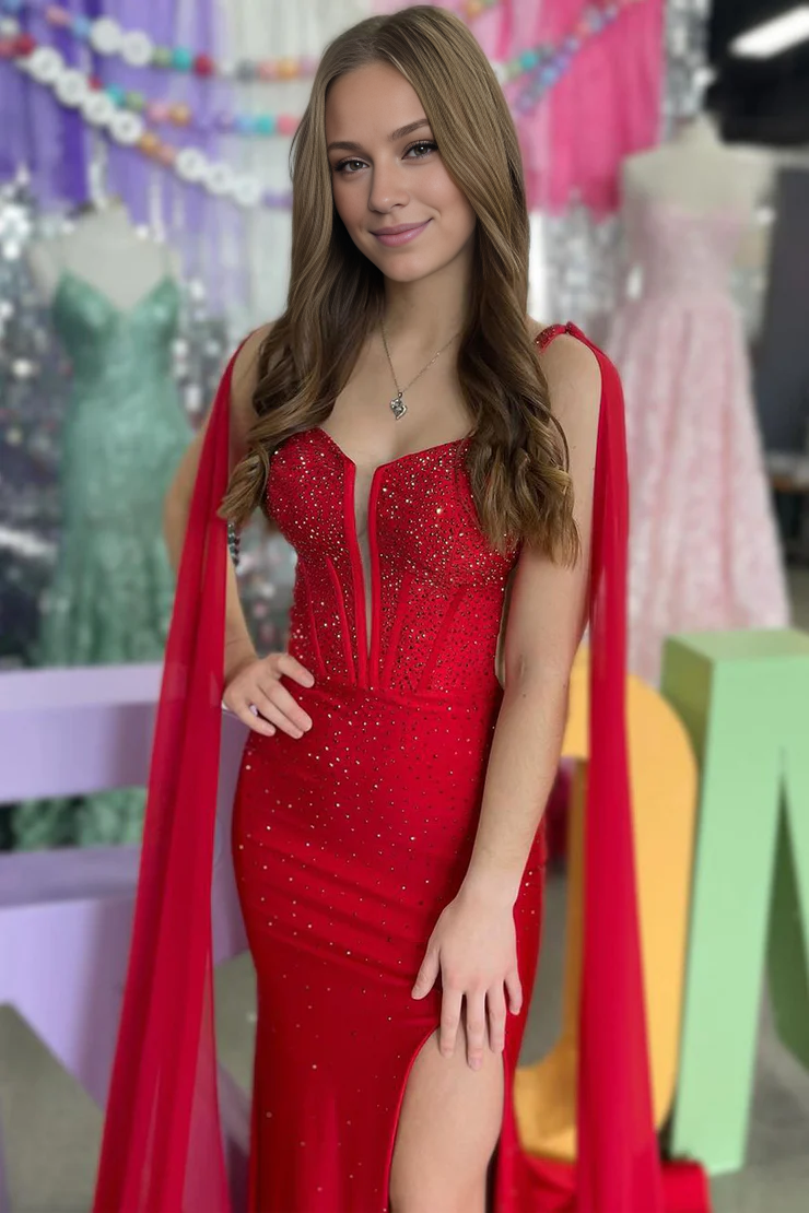 OKBBN Charming Mermaid V-neck Satin Beaded Split Ball Dress