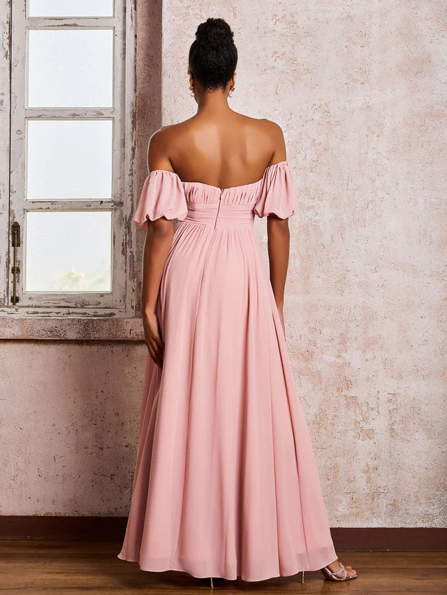 OKBBN square chiffon slit bridesmaid dress with floating sleeves
