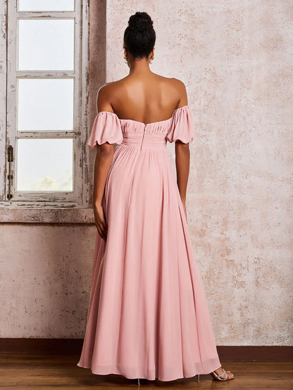 OKBBN square chiffon slit bridesmaid dress with floating sleeves