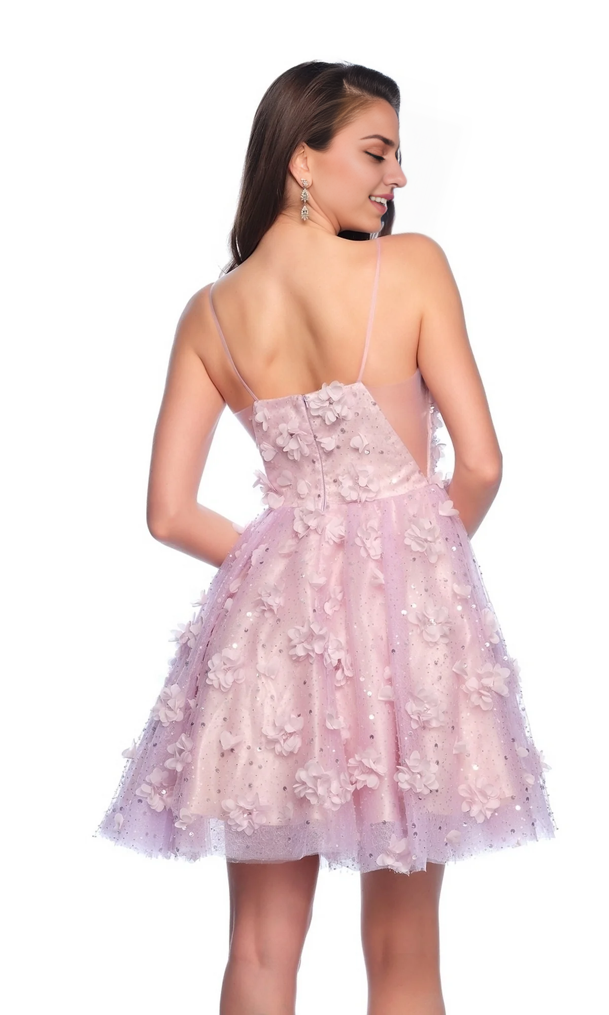 OKBBN Bead Short Flower Deep V A-line Perspective Homecoming Dresses