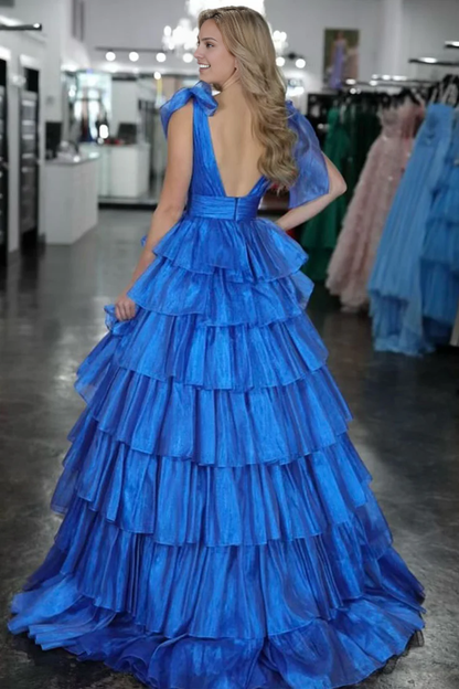 OKBBN A-line V-neck layered satin long ball gown