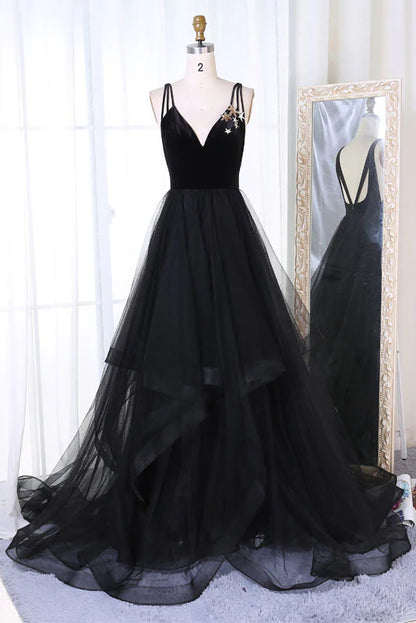 Simple black tulle v neck long prom dress black prom dress