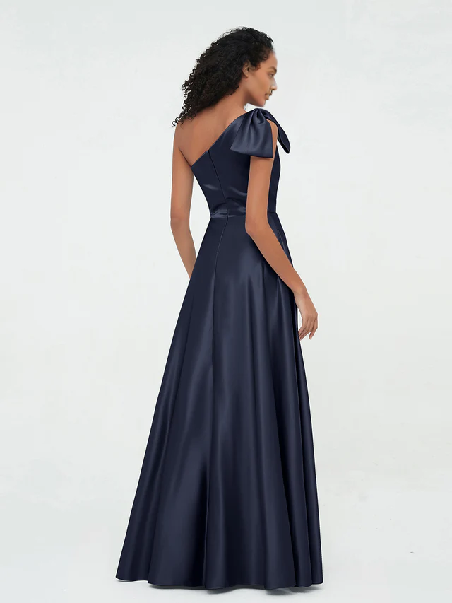 OKBBN One Shoulder Long Satin Sleeveless Bridesmaid Dress
