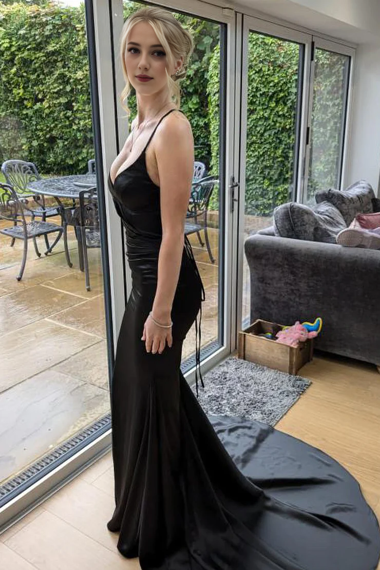 OKBBN Charming Mermaid V-neck Satin Long Ball Dress