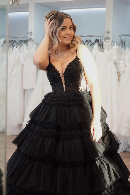 OKBBN Princess V-neck Layered Chiffon Long Ball Dress