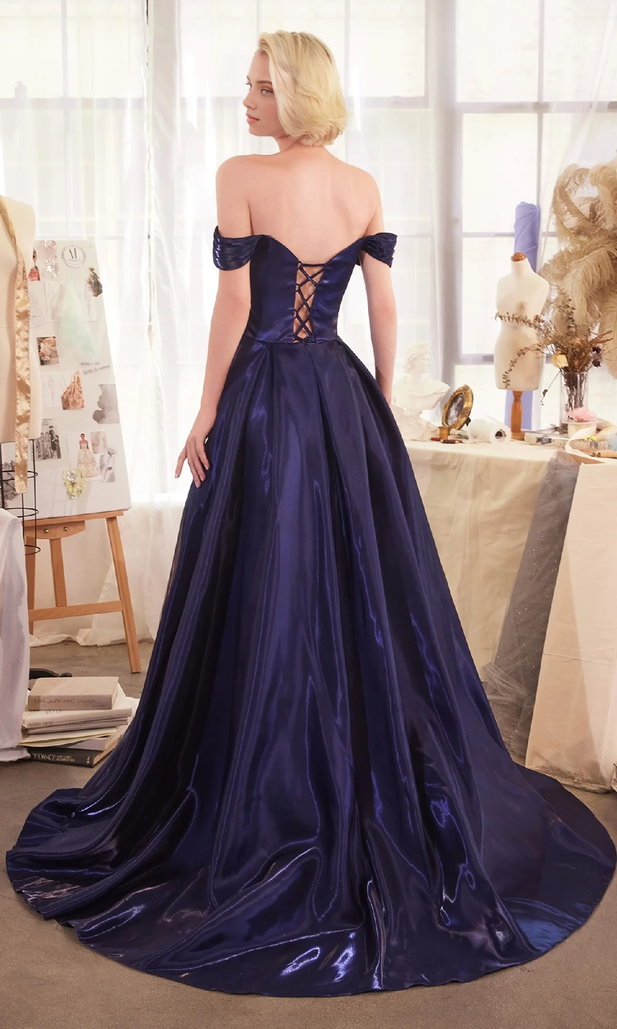 OKBBN off shoulder long A-line organza side slit dance dress
