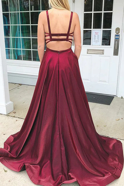 OKBBN Elegant Strap Round Neck Satin Long Formal Ball Dress