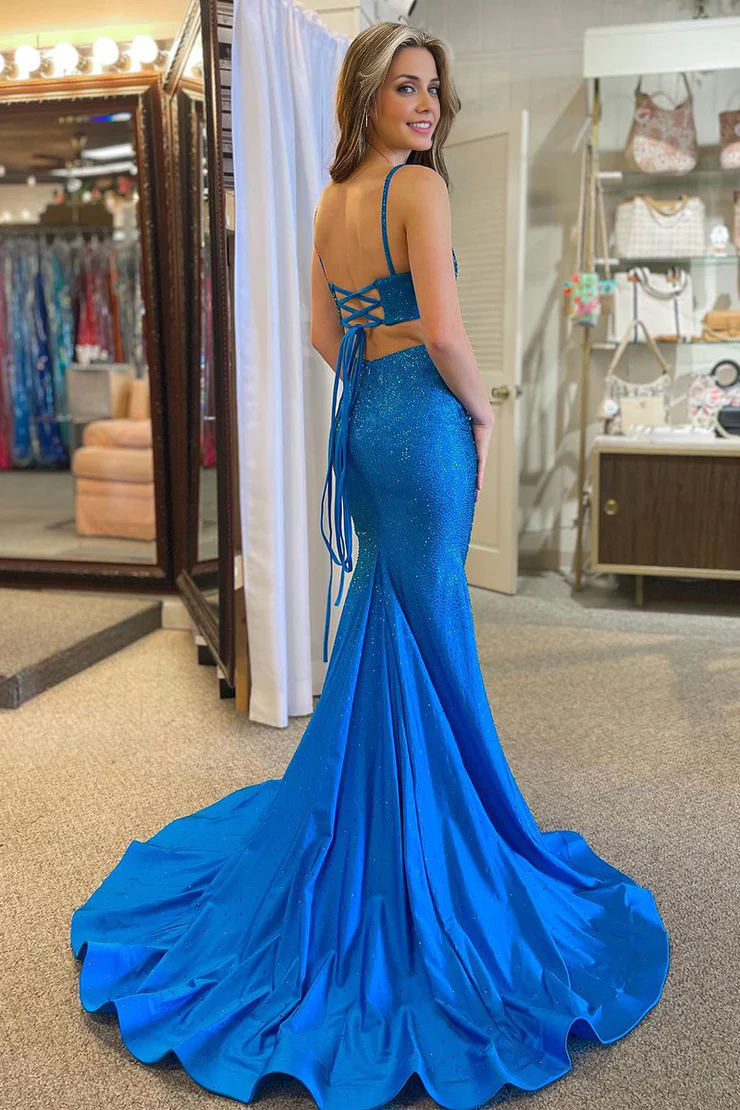 OKBBN Cute Mermaid Round Neck Satin Long Split Ball Dress
