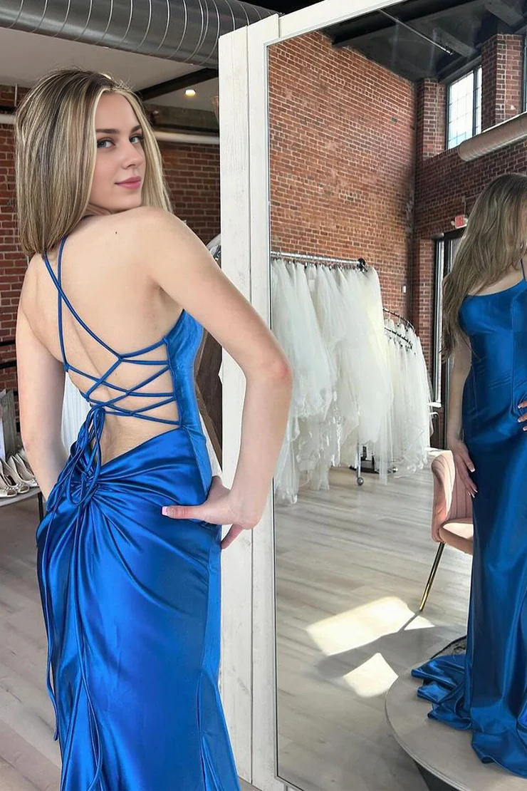 OKBBN Round Neck Satin Mermaid Long Ball Dress