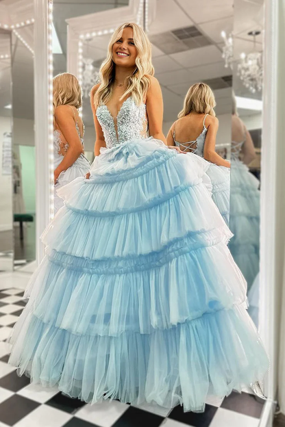 OKBBN beautiful A-line V-neck ruffled layered chiffon long dance dress