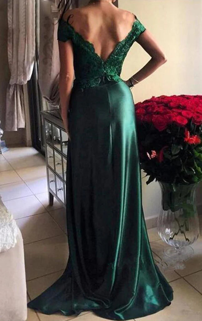 OKBBN Elegant Off Shoulder Lace Satin Long Ball Dress
