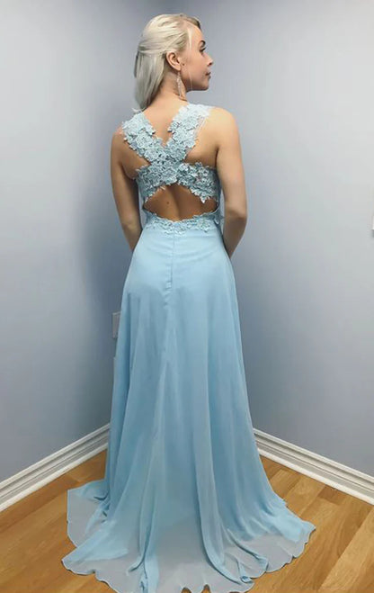 OKBBN Strap Lace Chiffon Long Formal Ball Dress