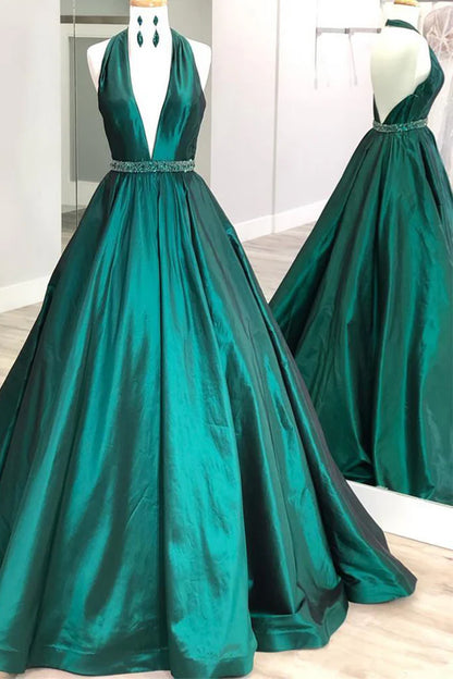 OKBBN Elegant Backless V-neck Satin Long Formal Ball Dress
