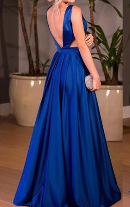 OKBBN Deep V-neck Satin Long Formal Ball Dress