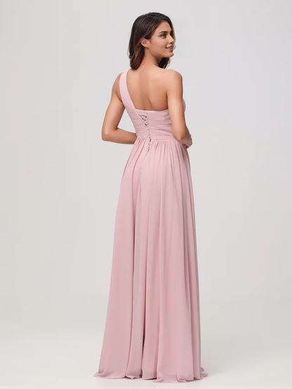 OKBBN One Shoulder Sleeveless Chiffon A-line Bridesmaid Dress