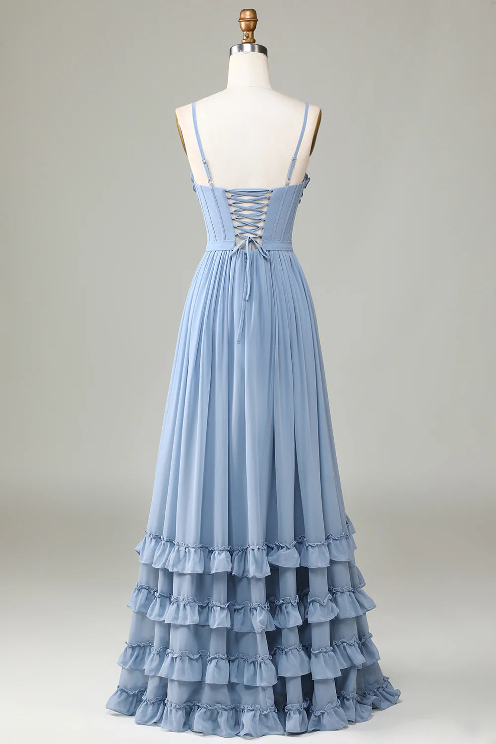 OKBBN waist cinched thin shoulder strap long backless bridesmaid dress