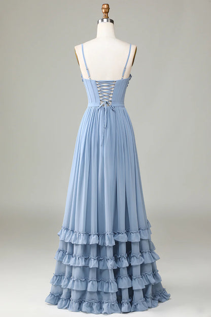 OKBBN waist cinched thin shoulder strap long backless bridesmaid dress