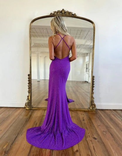 OKBBN Mermaid Deep V-neck Sparkling Split Ball Dress