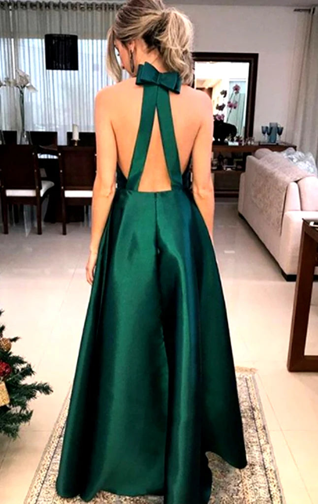OKBBN backless V-neck satin long formal ball dress