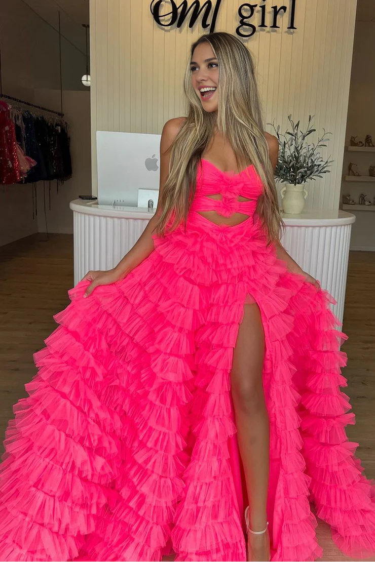 OKBBN Cute A-Shape Sweetheart Chiffon Long Split Ball Dress