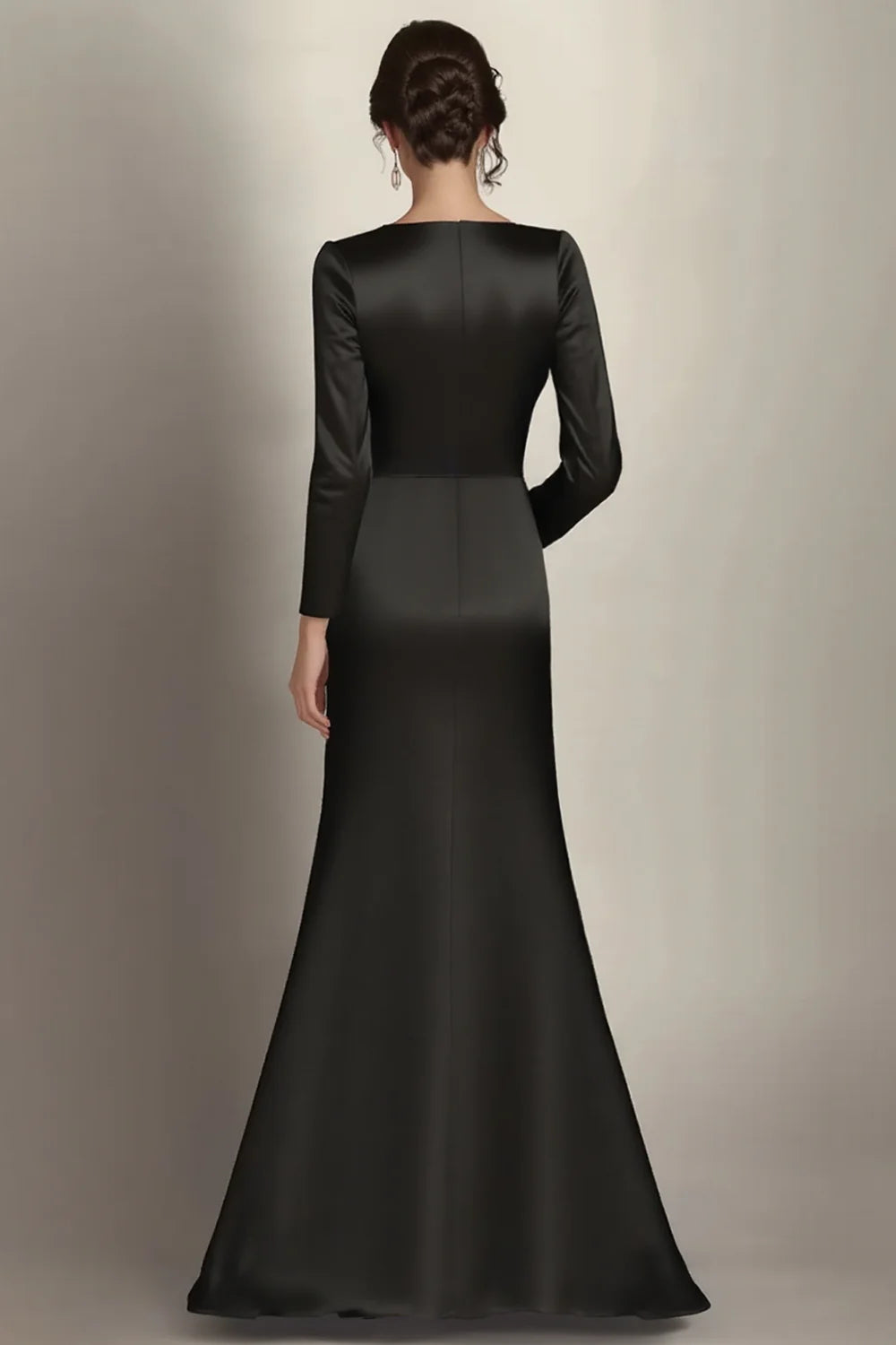 OKBBN mermaid long sleeved satin pleated long dress for brides and mothers