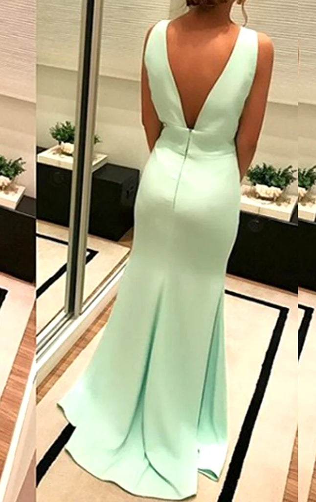 OKBBN Deep V-neck Knitted Long Formal Ball Dress
