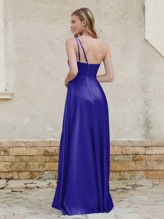 OKBBN single shoulder strap pocket satin sleeveless bridesmaid dress