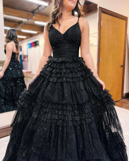 OKBBN A-line deep V-neck layered long sparkling chiffon dance dress