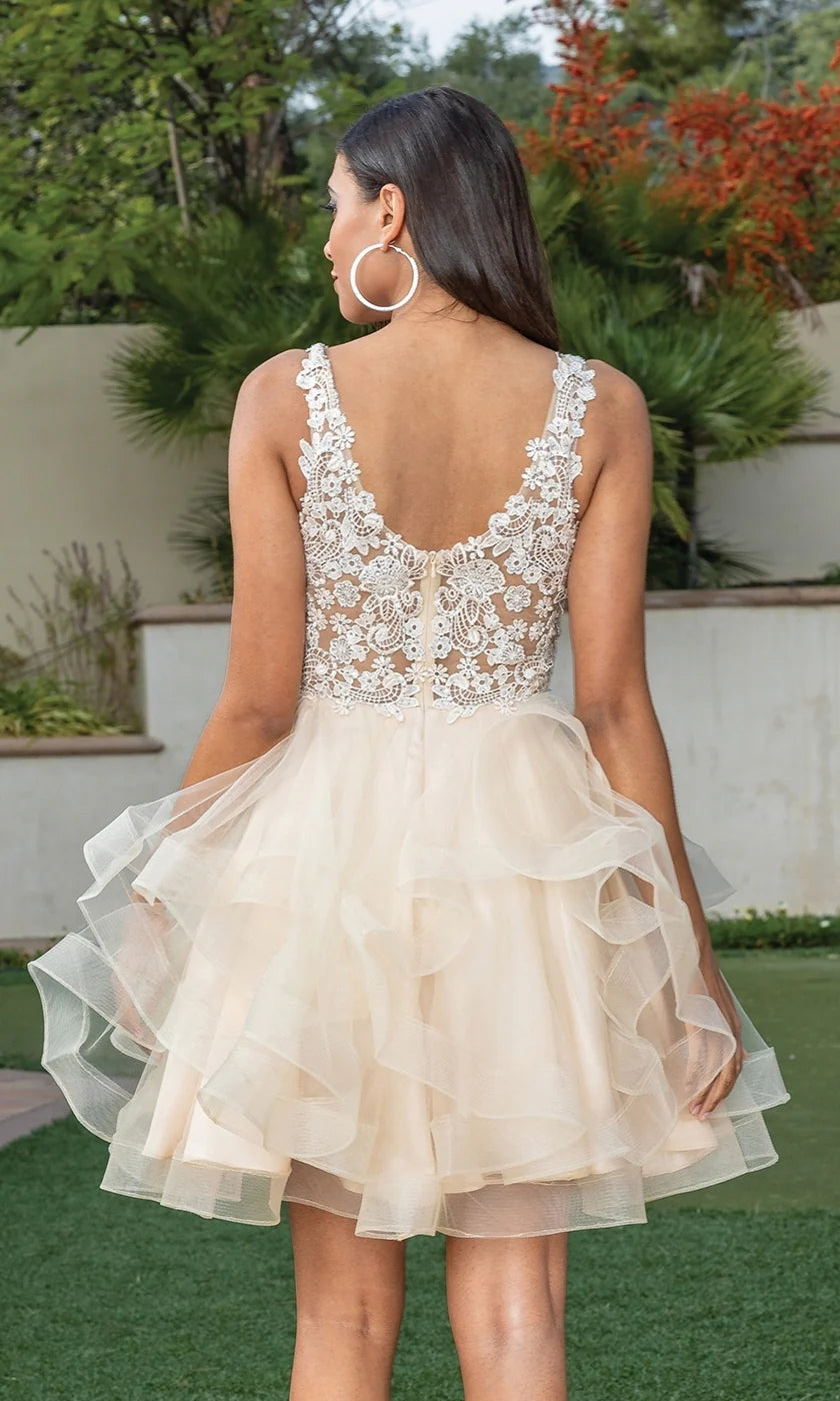 OKBBN short layered V-neck tight corset with rotating bead and ruffle edge chiffon Homecoming Dresses