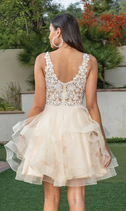 OKBBN short layered V-neck tight corset with rotating bead and ruffle edge chiffon Homecoming Dresses