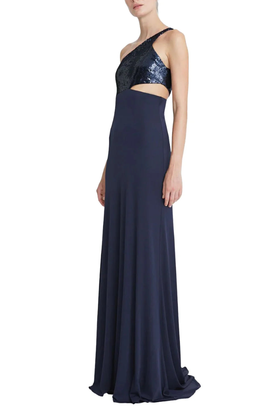 One shoulder sleeveless zipper closure cut out waist matte jersey gown with sequined bodice