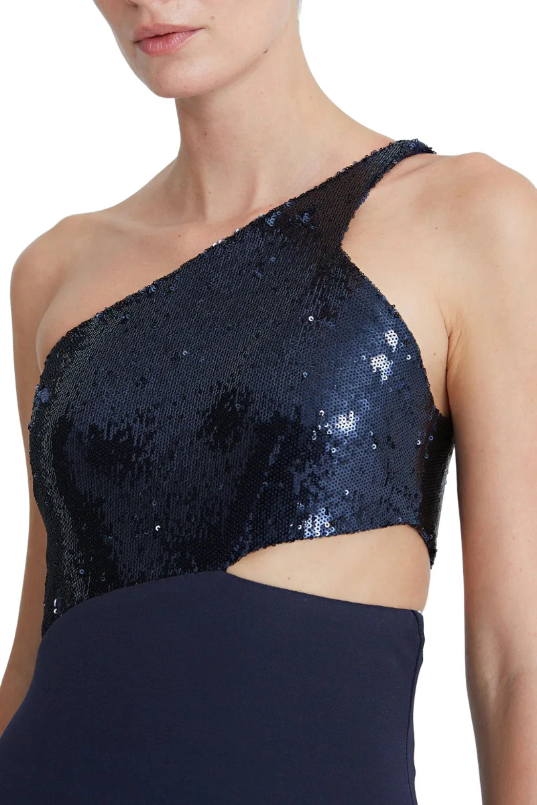 One shoulder sleeveless zipper closure cut out waist matte jersey gown with sequined bodice