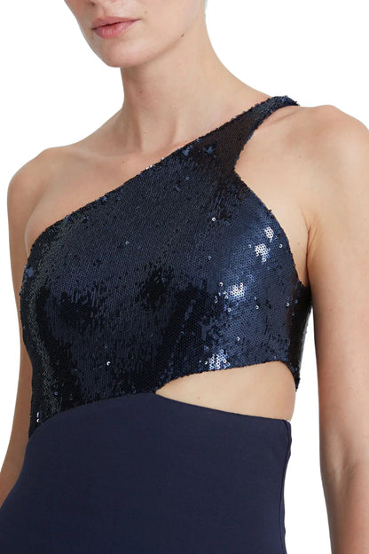 One shoulder sleeveless zipper closure cut out waist matte jersey gown with sequined bodice