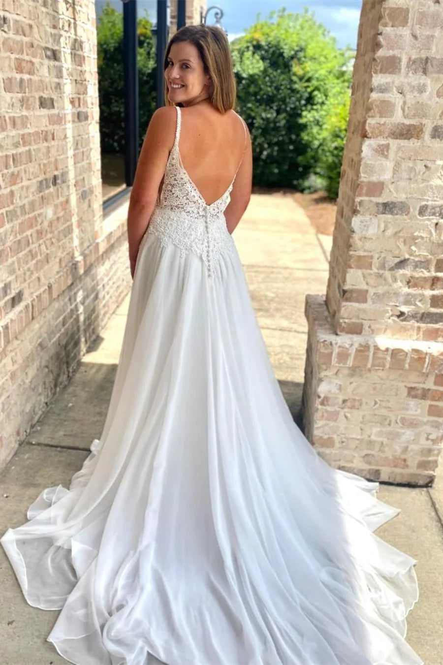 Lace Straps Backless Long Wedding Dress