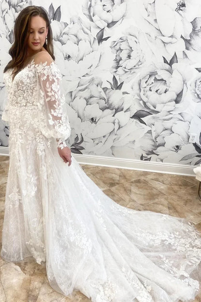 Appliques Round Neck Long Sleeve A-Line Wedding Dress