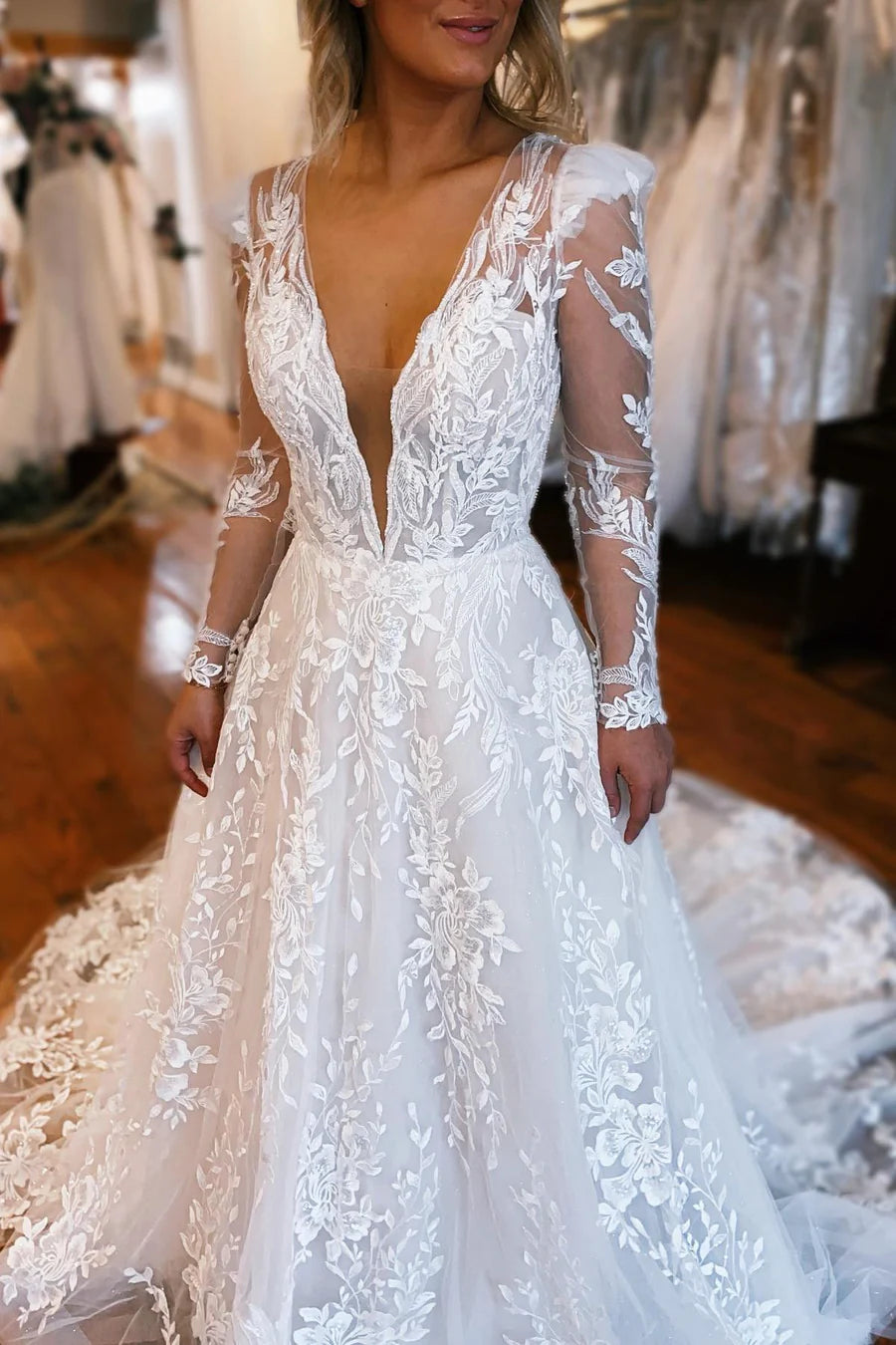 Appliques Plunge V A-Line Long Wedding Dress with Long Sleeves