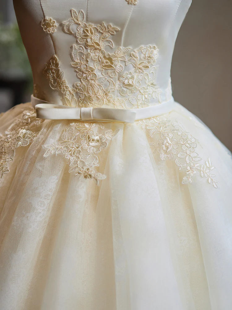 A-Line Off Shoulder Tulle Lace Short Champagne Homecoming Dress