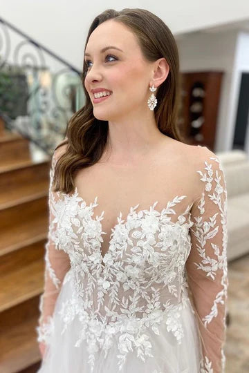 Appliques Long Sleeve Backless Long Wedding Dress