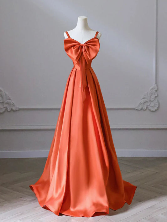 A-Line Orange Satin Long Evening Dress Orange Long Evening Dress
