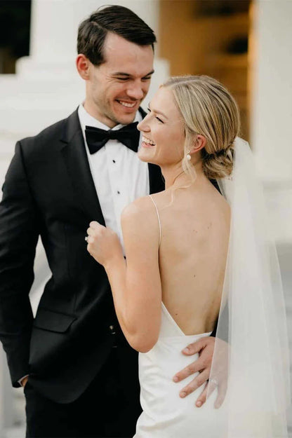 White Satin Plunge Neck Backless Sheath Wedding Dress