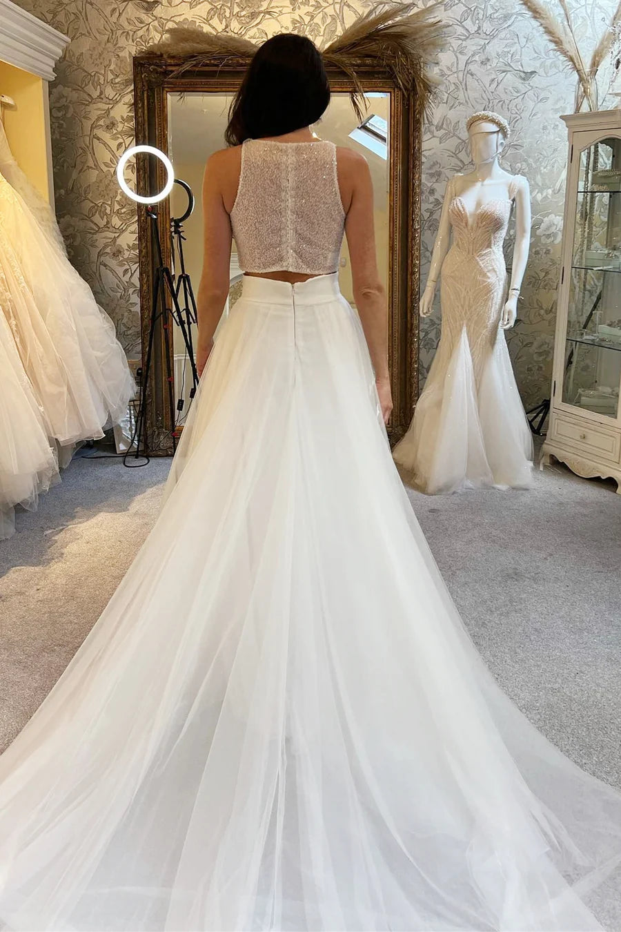 Two-Piece White Beaded A-Line Long Wedding Dress