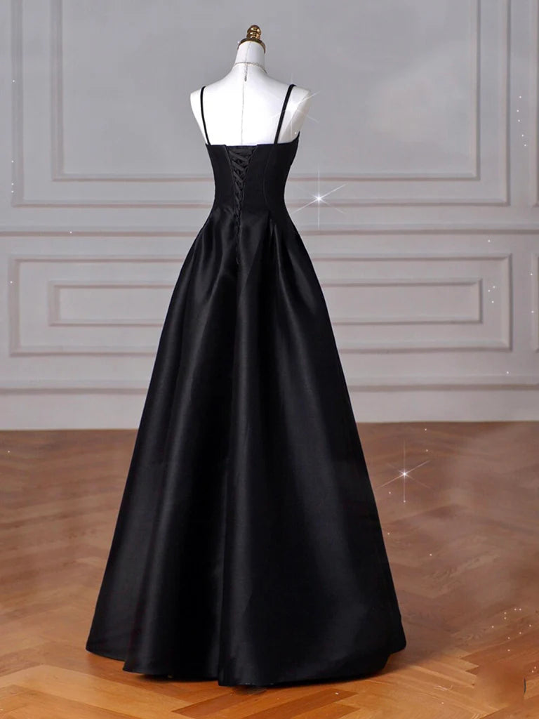 A-Line Sweetheart Neck Satin Black Long Prom Dress Black Long Prom Dress