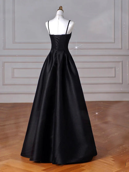A-Line Sweetheart Neck Satin Black Long Prom Dress Black Long Prom Dress