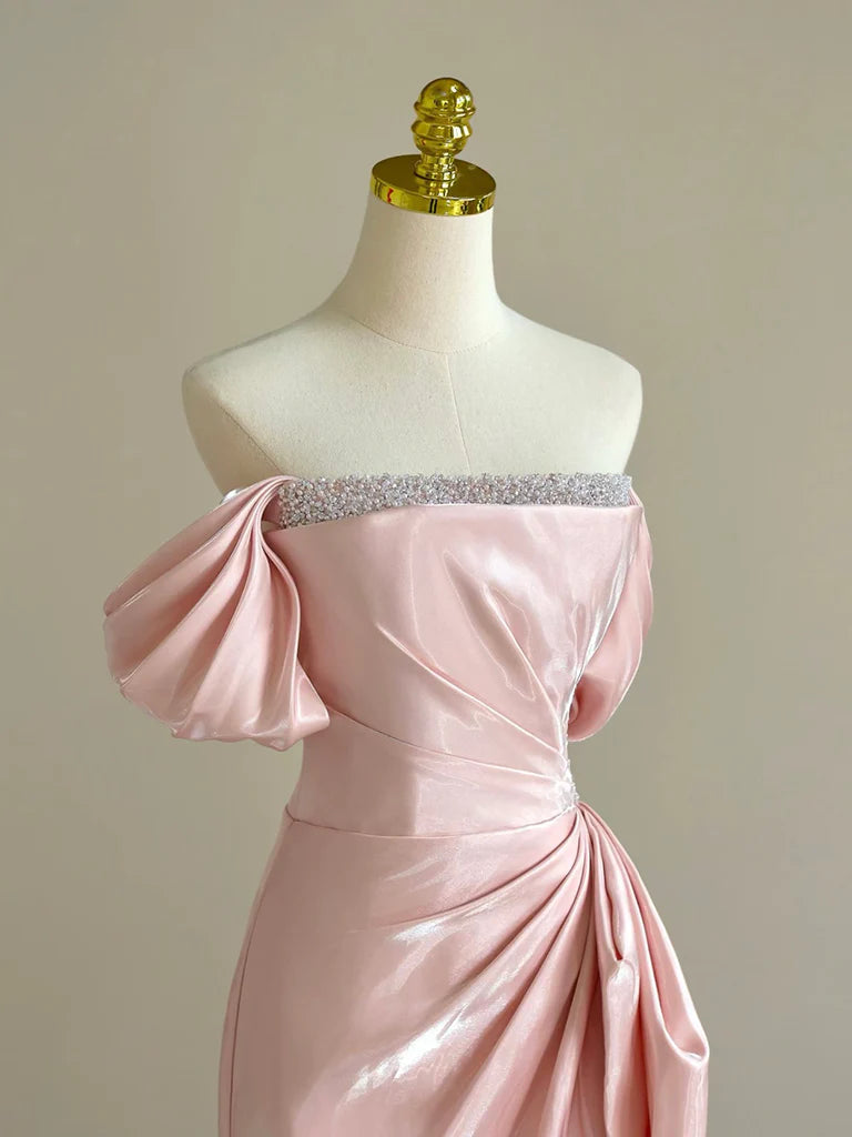 A-Line Off Shoulder Pink Long Evening Dresses Pink Long Formal Dress with Beads