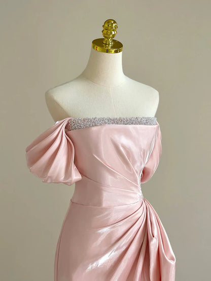 A-Line Off Shoulder Pink Long Evening Dresses Pink Long Formal Dress with Beads