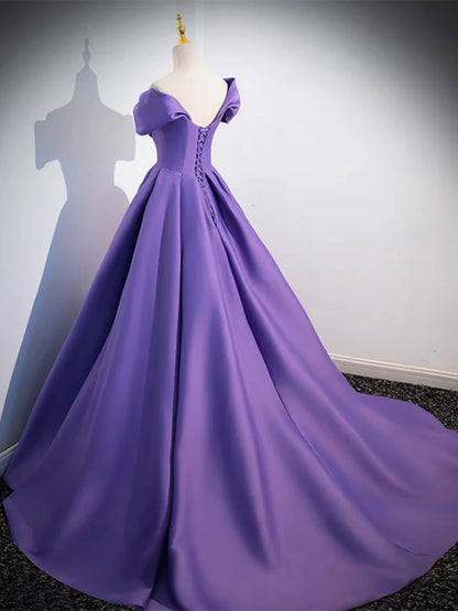Off Shoulder Satin Purple Long Prom Dress Purple Long Prom Dress