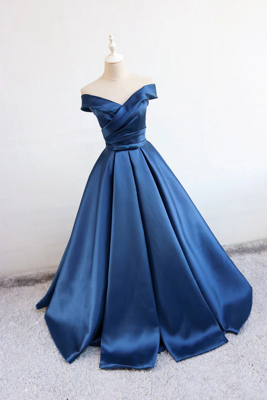 Blue V Neck Satin Long Prom Dress Blue Satin Evening Dress