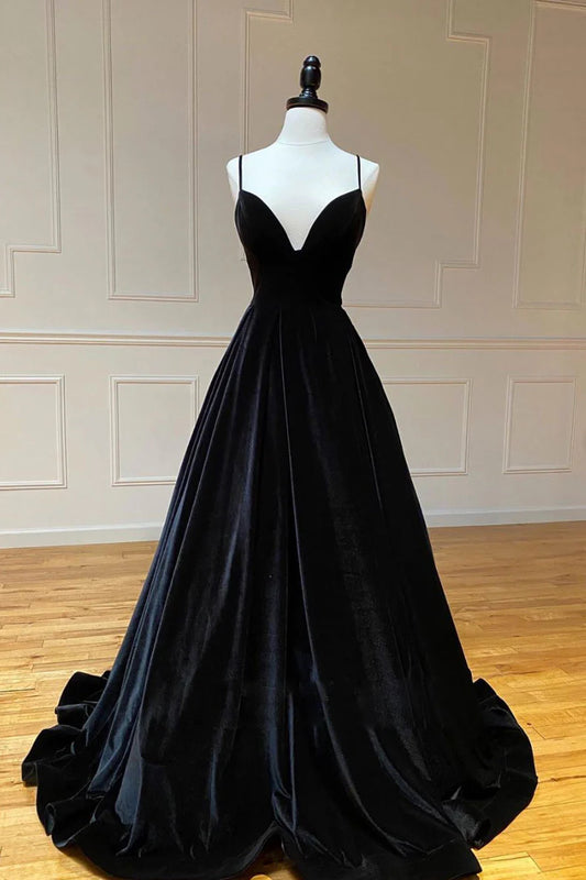 Suede Black V Neck Long Prom Dress Black Evening Dress