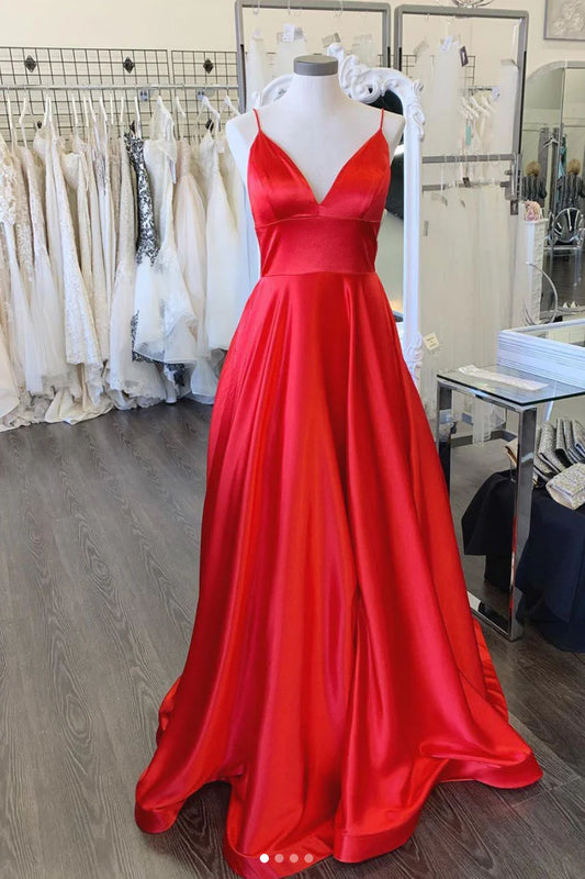 Red V Neck Satin Long Prom Dress Red Long Formal Evening Dress