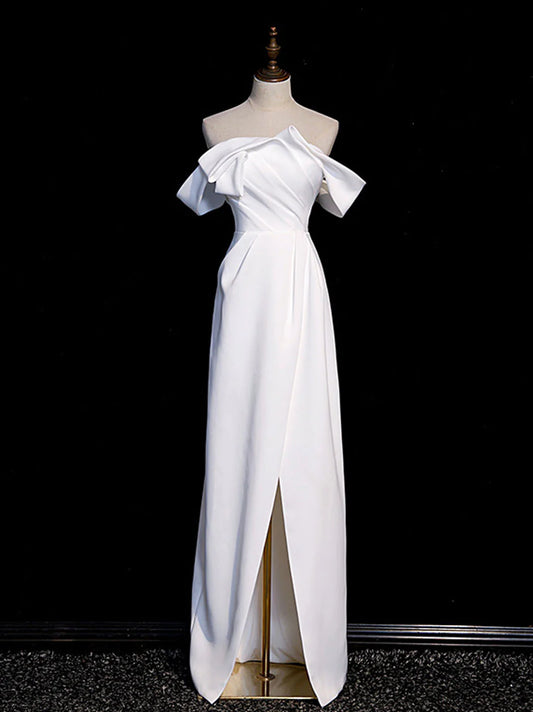 White Off Shoulder Satin Long Prom Dress White Long Evening Formal Dress